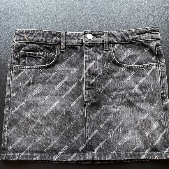 NWT Balenciaga Logomania Mini Skirt Black Denim Allover Logo Print Fitted - Picture 4 of 13